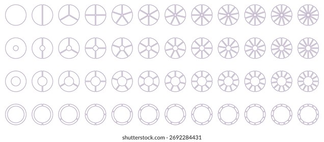 Círculos segmentados definidos. Partes da roda do diagrama. Sinal de fatia de segmento de arte de linha. Gráfico de seção de círculo. Ícone do gráfico de pizza. Infográfico da parte do diagrama redondo. Elemento geométrico. Ilustração vetorial