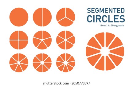 Segmented circles set. Infographic chart pie from 1 to 10. Fraction mathematics icon. Vector illustration on white background