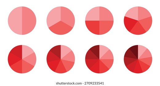 Segmented circles set. Infographic chart pie from 1 to 14. Fraction mathematics icon. Vector illustration on white background
