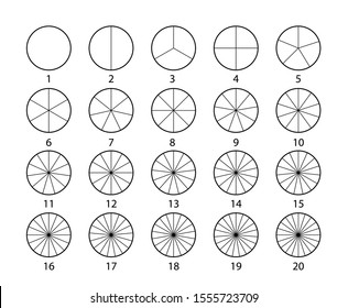 Segmented circles set isolated on a white background.Various number of sectors divide the circle on equal parts. Black thin outline graphics.