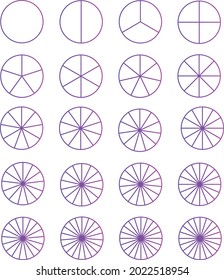 Segmented circles are set isolated on a white background. A various number of sectors divide the circle into equal parts. Colourful Gradient thin outline graphics.