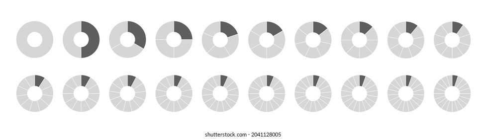 Segmented circles set isolated on a white background. Fraction big set, of wheel diagrams. Various number of sectors divide the circle on equal parts