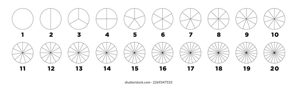 los círculos segmentados se establecen aislados sobre fondo blanco.Diferentes números de sectores dividen el círculo en partes iguales. Gráficos de línea delgada negra.