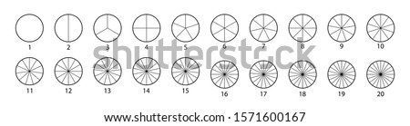 Segmented circles set isolated on a white background.Various number of sectors divide the circle on equal parts. Black thin outline graphics. Foto stock © 