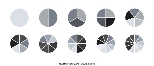 Segmented circles set. Wheel round diagram part set. Circle section graph line art. Segment slice sign. Pie chart icon. Fraction big set. 2,3,4,5,6 segment infographic. Vector.