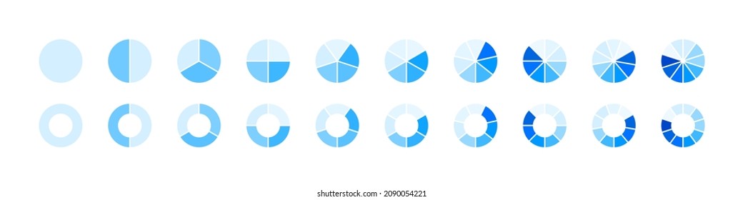 Segmented circles set. Wheel round diagram part set. Segment slice sign. Pie chart icon. Fraction big set, of wheel diagrams. 2,3,4,5,6 segment infographic. Vector.