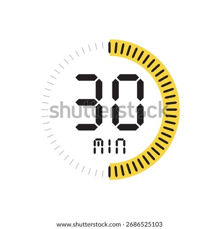 A segmented circular graphic showing thirty minutes (30 MIN) with a bright yellow progress bar