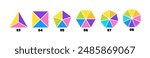 Segmented diagrams of geometric figures such as triangle, square, pentagon, hexagon, heptagon and octagon. Set of figure diagrams with 3, 4, 5, 6, 7 and 8 parts. Vector illustration.