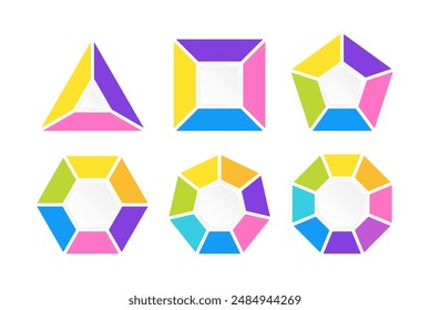 Segmentierte Diagramme geometrischer Figuren wie Dreieck, Quadrat, Fünfeck, Sechseck, Heptagon und Achteck. Satz von Figurdiagrammen mit 3, 4, 5, 6, 7 und 8 Teilen. Vektorillustration