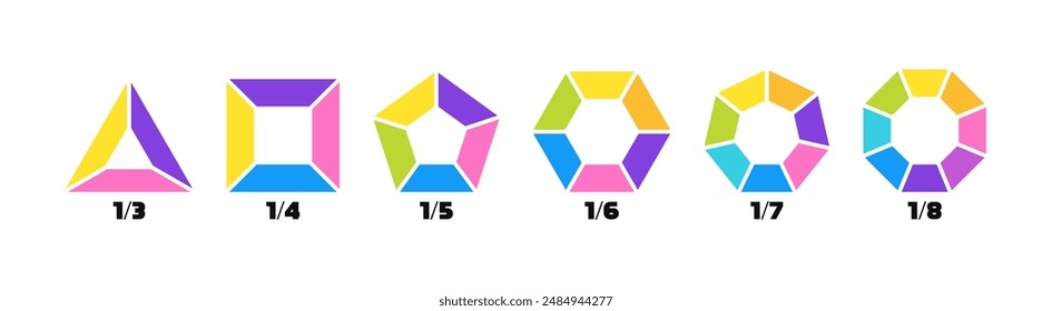 Segmented diagrams of geometric figures such as triangle, square, pentagon, hexagon, heptagon and octagon. Set of figure diagrams with 3, 4, 5, 6, 7 and 8 parts. Vector illustration.