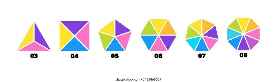 Segmentierte Diagramme geometrischer Figuren wie Dreieck, Quadrat, Fünfeck, Sechseck, Heptagon und Achteck. Satz von Figurdiagrammen mit 3, 4, 5, 6, 7 und 8 Teilen. Vektorillustration.