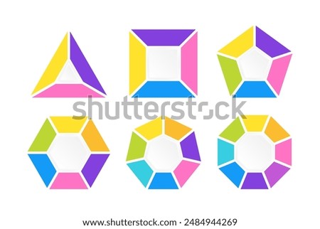 Segmented diagrams of geometric figures such as triangle, square, pentagon, hexagon, heptagon and octagon. Set of figure diagrams with 3, 4, 5, 6, 7 and 8 parts. Vector illustration