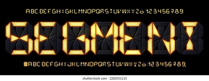 Segmented Display Font. Digital Calculator Lcd Screen Letters And Countdown Numbers, Futuristic Tech Glowing Alphabet. Retro 14 Segments Type Vector Set Of Display Font And Number Illustration