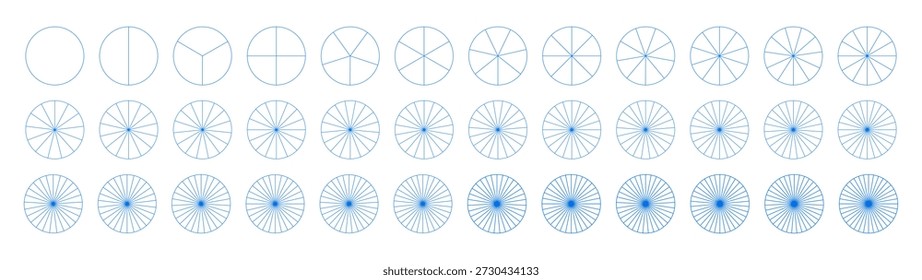 Conjunto de gráficos de infografía segmentados. Elemento de Plantilla de presentación de 1 a 36 segmentos. Muchos sectores dividen el círculo azul en partes iguales. Pastel, pizza. Piezas de rueda de diagrama.