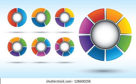 Segmented and multicolored pie charts set from two to eight divisions