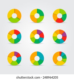 Los gráficos circulares segmentados y multicolores se establecen de tres a ocho divisiones. Ilustración vectorial.