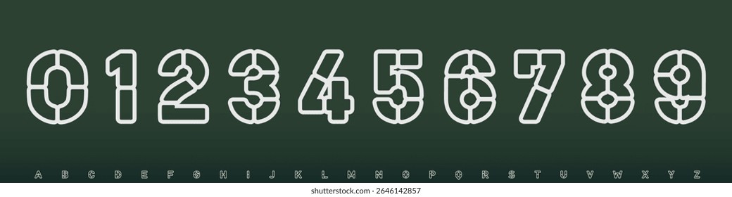 Fonte numérica segmentada, números táticos esboçados e letras, estrutura esportiva geométrica para uso do painel de avaliação jersey, impacto dinâmico, estética militar-tecnológica, dígitos de e-Sports em negrito. Tipo de vetor
