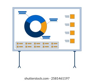 Segmented pie chart on presentation board 2D cartoon object. Circular piechart annotated with detailed labels analytics isolated element flat vector clipart on white background. Spot illustration