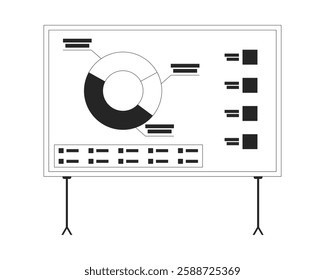 Segmented pie chart on presentation board black and white 2D line object. Circular piechart annotated with labels analytics isolated clip art vector outline item. Monochromatic spot illustration