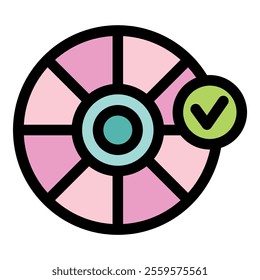 Segmented pie chart with a prominent checkmark symbolizing successful data analysis, business strategy, and project completion