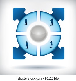 Modelo de apresentação segmentado com quatro partes, silhuetas de pessoas e setas