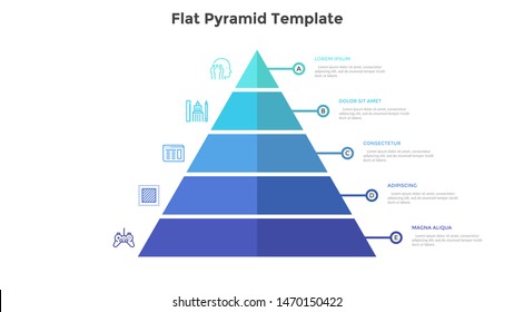 Segmented pyramidal chart with five colorful stages or levels. Concept of 5 steps of business analysis. Simple infographic design template. Flat vector illustration for presentation, report, banner.