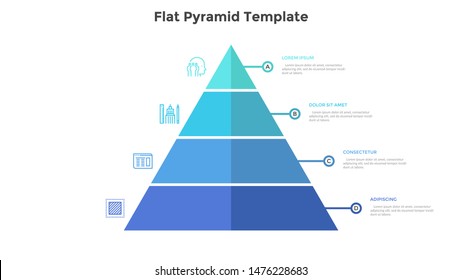 Segmented pyramidal chart with four colorful stages or levels. Concept of 4 steps of business analysis. Simple infographic design template. Flat vector illustration for presentation, report, banner.