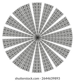 Segmented radial shape. Concentric circular pattern. Black white structure. Vector symmetry design.