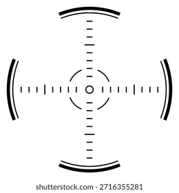 Retícula de alcance segmentado con marcas de medición, orientación técnica y símbolo de calibración para superposiciones HUD, interfaces de escaneo y sistemas de control