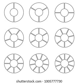 Segmented wheel set. Wheel divided into segments, composed of sections in line art. Vector flat style cartoon illustration isolated on white background