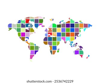 Mapa mundial segmentado. Partes щт planeta tierra. Concepto de comunicación mundial y personas que viven en diferentes continentes.