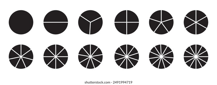 Segmentos de círculo con 1 a 12 piezas. Los círculos de los iconos gráficos de la información establecen el radio dividido en la Imagen del Vector del color blanco y negro. Secciones circulares divididas, diagrama redondo negro. Secciones de círculo divididas .