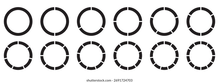 
Segments of circle with 1 to 12, pieces. Info graphic icons circles set divided radius in black and white color vector