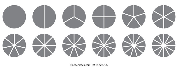 
Segmentos de círculo con 1 a 12, piezas. Círculos de los iconos gráficos de la información fijados radio dividido en Vector blanco y negro del color
