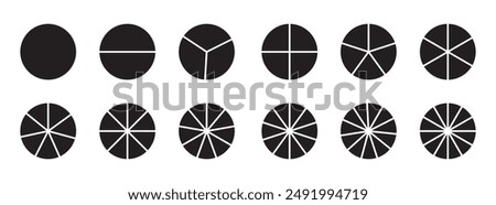 Segments of circle with 1 to 12 pieces. Info graphic icons circles set divided radius in black and white color vector image. Divided circle sections, Black round diagram. Divided circle sections .