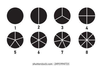Segments of circle with 1 to 8 pieces. Info graphic icons circles set divided radius in black and white color vector image. Divided circle sections, Black round diagram. Divided circle sections .