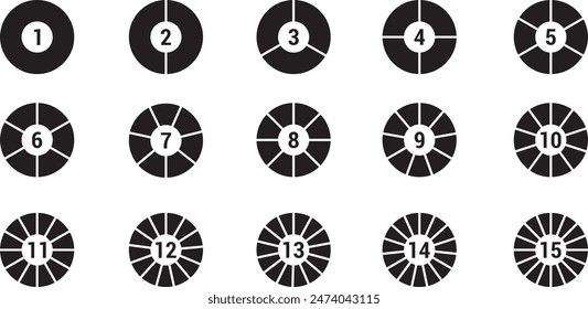 Segmentos en el juego de círculos divididos de 15 piezas sin, Círculos con secciones establecidas, gráficos circulares negros con divisiones, colección de diagrama, Círculo hueco dividido en 15 partes