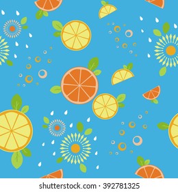 Segments of orange and lemon on a blue background. Seamless pattern. Vector. EPS 10. The press on fabric, paper and other things. Backgrounds with flowers and fruit.