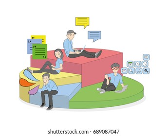 Segments in a pie chart. Percentage of people who use mobile devices for communication and work. vector illustration.