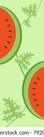 Segments of a watermelon with leaves on a green background