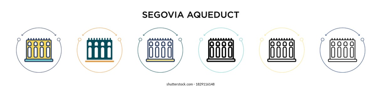 Segovia aqueduct icon in filled, thin line, outline and stroke style. Vector illustration of two colored and black segovia aqueduct vector icons designs can be used for mobile, ui, web