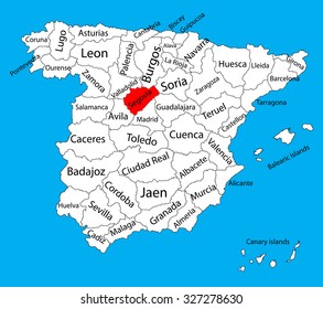 Segovia map silhouette vector. Spain province. Spain with separated regions isolated on background. Spain autonomy areas map. Editable vector map of Spain.