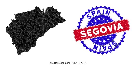 Segovia Province map polygonal mesh with filled triangles, and rough bicolor stamp seal. Triangle mosaic Segovia Province map with mesh vector model, triangles have various sizes, and positions,