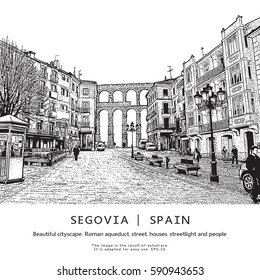 Segovia, Spain. Beautiful cityscape. Vector illustration in engraving style.
This image is the result of auto-trace. It is adapted for easy use.