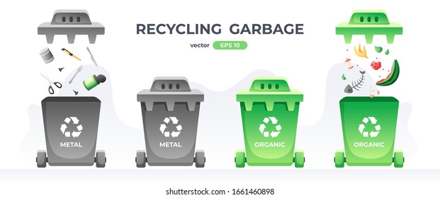 Segregation and recycling. Containers for garbage and trash. Rubbish bins for sorting different types of waste. Multi-colored cans. Simple modern design. Flat style vector eps10 illustration.