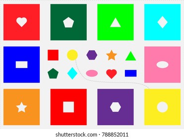 Seguin Form Board test, find objects, different colorful geometric shapes, fun education game for kids, visual task for the development of logical thinking, preschool activity for children, vector 