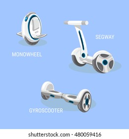 Segway. Monowheel or Solo wheel. Hoverboard or Gyroscooter. Set of vector illustrations. Self-balancing electric scooter. Alternative Eco Transport isolated on a blue background.