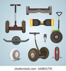 Segway monowheel solo wheel hoverboard gyroscooter set eco transport vector illustration
