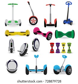 Segway monowheel solo wheel hoverboard gyroscooter set electro eco transport vector illustration