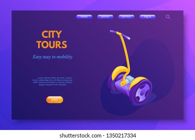 Segway tours vector blue landing page template. Segway rental app for smartphone. Vehicle online booking system. Preparation before road trip. Eco friendly transport. Effective money economy